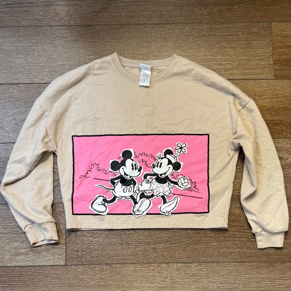 Disney Tops - Women's Disney Mickey Mouse Graphic Cropped Oversized Sweatshirt Size M Tan
